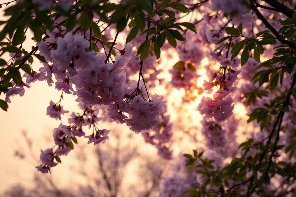 Springtime cherry blossoms in full bloom, a delicate floral symphony of soft pink petals cascading against a hazy, golden-hour sky. Lush, verdant foliage frames the scene, creating a tranquil, serene atmosphere. The branches sway gently in a light breeze, inviting a sense of peaceful contemplation. Warm, diffused lighting bathes the flowers, highlighting their ephemeral beauty. Capture the fleeting, ethereal essence of this natural wonder, a visual metaphor for the cycles of growth and renewal.