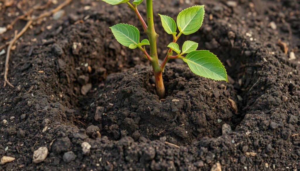 Suelo preparado para plantar un manzano con compost añadido Suelo preparado para plantar un manzano con compost añadido