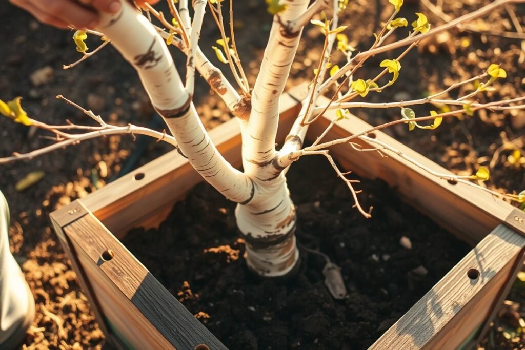 A birch tree being carefully extracted from a planter, its delicate white bark and elegant branches on full display. The scene is bathed in warm, golden afternoon light, casting gentle shadows across the soil and wooden container. The soil is dark and moist, indicating the tree has been well-cared for. The angle is slightly elevated, allowing the viewer to appreciate the graceful form of the birch as it is lifted from its temporary home, ready to be transplanted into the ground. An air of anticipation and care surrounds the moment, reflecting the step-by-step process of properly planting a birch tree.