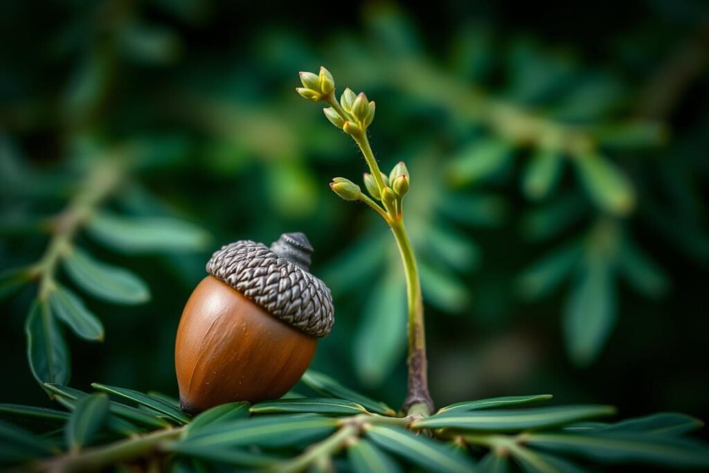 A close-up comparison of a holm oak acorn (bellota) and a young holm oak sapling (plantón) against a backdrop of lush green foliage. The acorn sits prominently in the foreground, its rich brown hue and intricate cap textured with precision. The plantón emerges from the middle ground, its slender, verdant stem and delicate leaves conveying the promise of future growth. Soft, diffused lighting creates a serene, naturalistic atmosphere, highlighting the organic forms and subtle tones of these two vital elements of holm oak propagation. The composition is balanced, allowing the viewer to contemplate the distinct characteristics and roles of these two propagation methods.