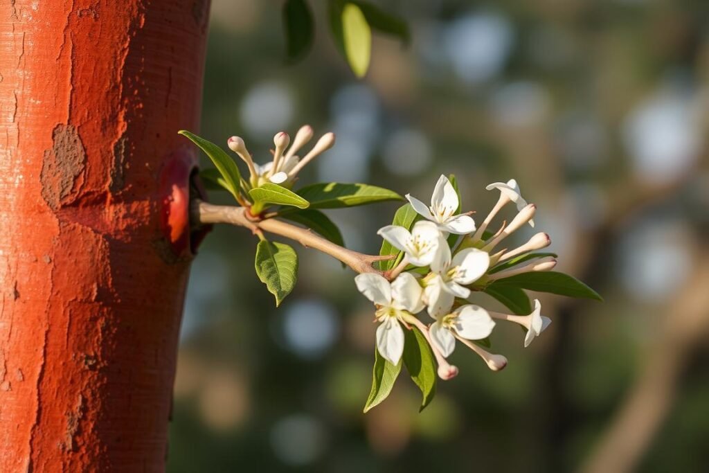 A close-up shot of a madroño tree's bark, leaves, and flowers, showcased against a blurred natural backdrop. The lighting is soft and diffused, casting gentle shadows and highlighting the vibrant red-orange hue of the bark and the delicate white blooms. The composition emphasizes the texture and details of the madroño, conveying its unique and intricate qualities. The overall mood is one of serene, natural beauty, inviting the viewer to appreciate the careful care and attention required for this stunning specimen.
