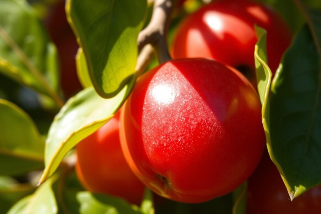 A close-up shot of a ripe madroño fruit, its deep red, almost translucent skin glistening under natural sunlight. The fruit is nestled amidst the distinctive green, leathery leaves of the madroño tree, providing a vibrant contrast. The image captures the fruit's plump, spherical shape and the delicate, almost crystalline texture of its surface. The lighting is soft and diffused, highlighting the fruit's natural beauty and creating a sense of warmth and tranquility. The background is blurred, allowing the madroño fruit to be the focal point, drawing the viewer's attention to its unique and captivating characteristics.