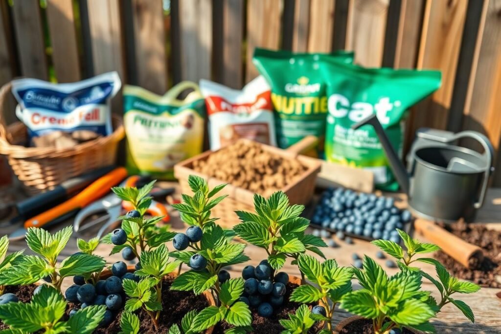 A close-up shot of a well-stocked gardening table, showcasing a variety of materials necessary for planting blueberries. In the foreground, high-quality blueberry seedlings, their vibrant green leaves and sturdy stems stand out. Surrounding them, a selection of gardening tools including a trowel, pruning shears, and a watering can. In the middle ground, bags of nutrient-rich soil, organic fertilizer, and peat moss, all the essential components for creating the ideal planting environment. The background features a wooden fence, casting warm, natural lighting across the scene, creating a serene, countryside atmosphere. The overall composition conveys a sense of preparedness and attention to detail, perfectly suited for illustrating the "Materiales necesarios para plantar arándanos" section of the article.