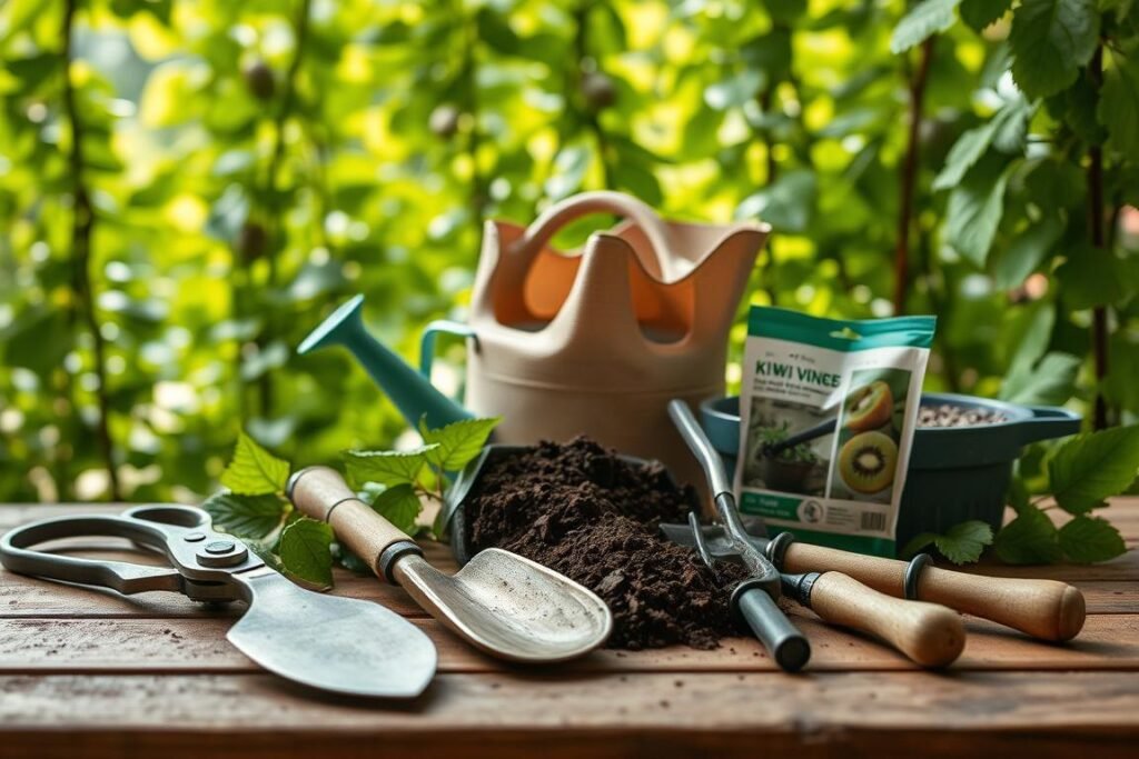 A close-up shot of an assortment of gardening tools and equipment laid out on a wooden workbench against a backdrop of lush, verdant foliage. The foreground features a pair of pruning shears, a trowel, a spade, and a small hand cultivator, all arranged neatly. In the middle ground, a watering can, a bag of potting soil, and a packet of kiwi vine seeds add to the scene. The background is filled with the blurred silhouettes of kiwi vines and their characteristic leaves, creating a sense of tranquility and anticipation for the gardening task at hand. Soft, natural lighting illuminates the scene, casting gentle shadows and highlighting the textures of the tools and materials.