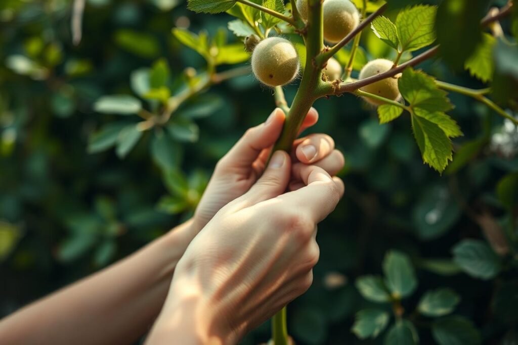 A close-up view of a person's hands carefully pruning the branches of a thriving kiwi vine. The scene is set against a blurred background of lush, verdant foliage, conveying a sense of a well-tended garden. Soft, diffused lighting from the side casts gentle shadows, highlighting the intricate details of the pruning process. The overall tone is one of focused, mindful horticulture, with a touch of serenity and attention to the task at hand.