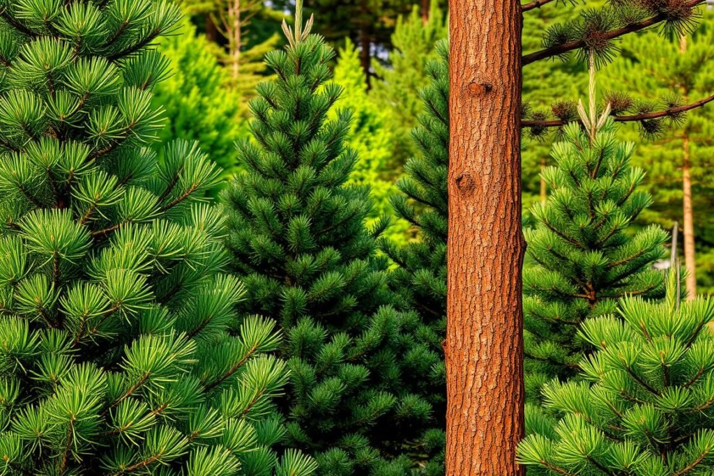 A close-up view of several pine tree varieties, showcasing their distinct foliage, bark textures, and growth patterns. The foreground features a towering Pinus sylvestris (Scots pine) with its reddish-brown scaly bark and long, soft green needles. In the middle ground, a group of Pinus nigra (Austrian pine) trees stand tall, their dark green, rigid needles contrasting with the lighter Pinus strobus (Eastern white pine) beside them. The background is a lush, verdant forest, illuminated by warm, diffused natural lighting that casts gentle shadows, highlighting the unique characteristics of each pine species. The overall scene conveys the diversity and beauty of pine trees, providing a visually informative reference for selecting the appropriate variety for planting.