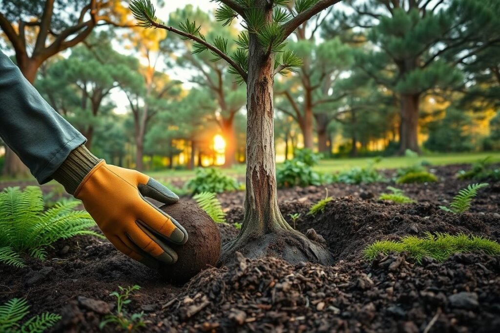 A detailed, step-by-step scene of planting a young oak tree (Quercus ilex), also known as a holm or evergreen oak. In the foreground, a pair of gardening gloves carefully digs a hole in rich, dark soil. The tree's rootball is gently lowered in, surrounded by lush green ferns and moss. In the middle ground, the newly planted sapling stands tall, its thick, gnarled trunk and glossy, leathery leaves catching the warm, golden light filtering through the canopy above. In the background, a tranquil forest of mature oak and pine trees frames the serene scene, creating a sense of timelessness and natural harmony.