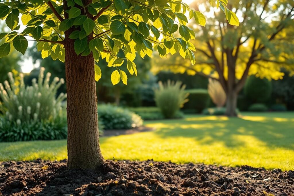 A freshly planted ash tree stands tall, its green leaves gently swaying in a soft breeze. The trunk is sturdy, its bark a rich, textured brown. The ground around the tree is freshly tilled, the soil dark and moist. In the background, a lush, verdant garden provides a tranquil setting, with other mature trees and shrubs adding depth and dimension. Warm, golden sunlight filters through the branches, casting a peaceful glow over the scene. The overall mood is one of calm and new beginnings, reflecting the care and attention required in the immediate aftermath of planting a Fraxinus tree.