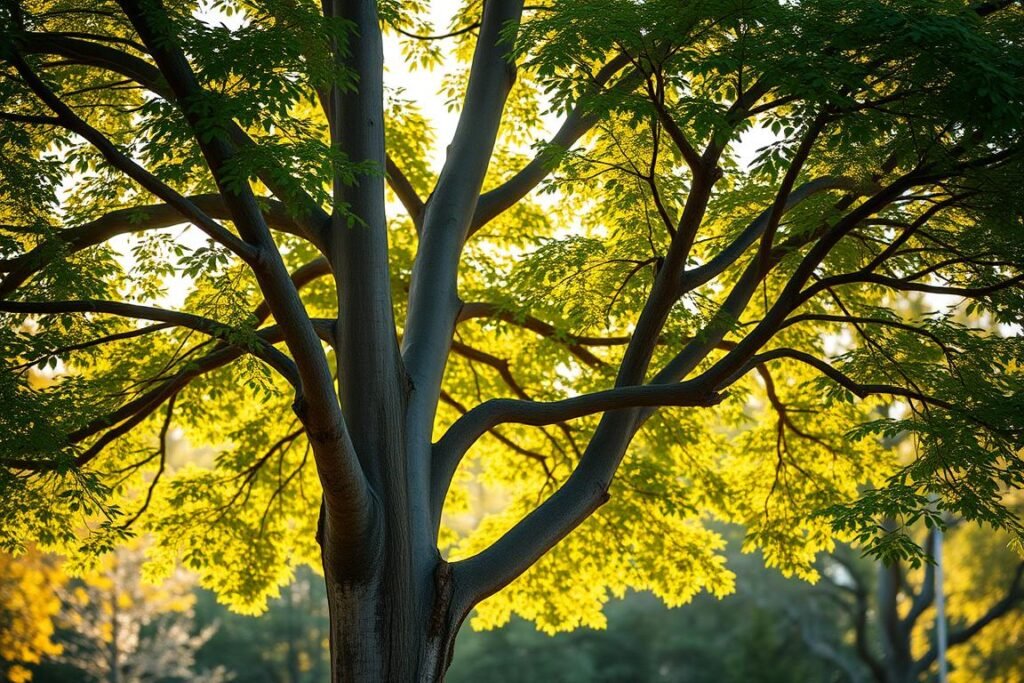 A healthy and vibrant Ash tree standing tall against a soft, dreamy background. The tree's lush, verdant foliage is illuminated by warm, golden sunlight, casting gentle shadows on the ground below. The bark has a smooth, gray texture, and the branches reach upwards with a graceful, natural curve. The overall scene conveys a sense of serenity and natural beauty, inviting the viewer to appreciate the tranquility of a healthy Ash tree. The image is captured from a low angle, emphasizing the tree's stately presence and commanding the viewer's attention.