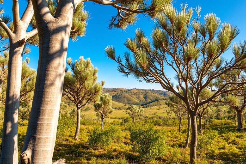 A lush acacia plantation nestled in a serene, sun-dappled landscape. Graceful, feathery acacia trees stand tall, their branches swaying gently in a soft breeze. The foreground features the smooth, silvery-gray trunks of mature acacias, their bark textured and weathered. In the middle ground, younger acacia saplings emerge, their delicate, bipinnate leaves catching the warm, golden light. The background is a verdant tapestry of rolling hills, dotted with the silhouettes of more distant acacias against a brilliant, azure sky. A sense of tranquility and natural harmony pervades the scene, inviting the viewer to imagine the perfect spot to cultivate their own acacia tree.