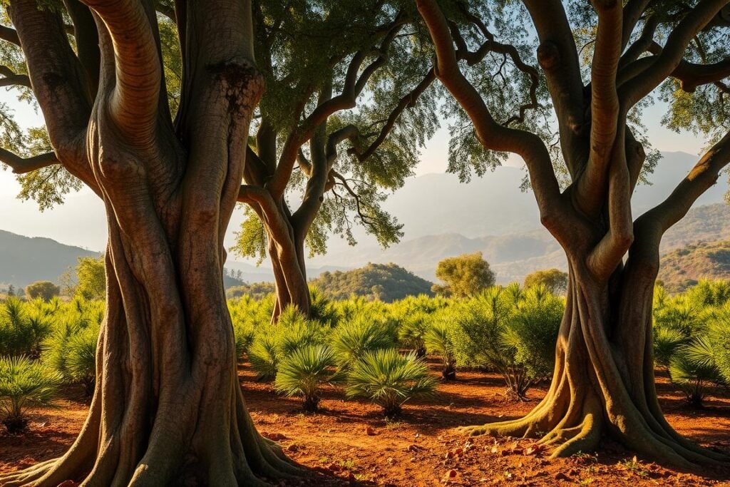 A lush and verdant algarrobo plantation, bathed in warm, golden sunlight filtering through the canopy of gnarled, twisted branches. In the foreground, the thick, textured trunks of the ancient algarrobo trees rise from the rich, reddish-brown soil, their deeply furrowed bark glistening with dappled highlights. In the middle ground, the feathery, emerald-green foliage sways gently in a soft breeze, casting intricate shadows on the ground below. The background is a hazy, atmospheric vista of rolling hills and distant mountains, shrouded in a soft, hazy blue-gray mist. The overall scene conveys a sense of timeless, natural beauty and the tranquil, serene atmosphere of an established algarrobo plantation.