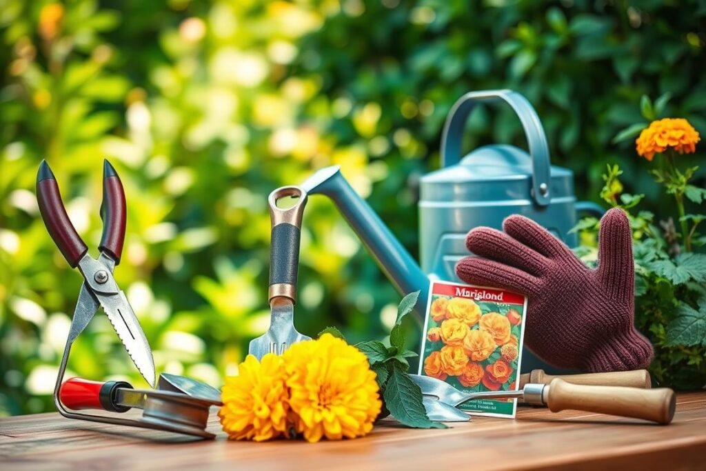 A lush, beautifully lit garden scene featuring an assortment of gardening tools arranged neatly on a wooden table. In the foreground, a pair of pruning shears, a trowel, and a small hand cultivator stand out against a backdrop of verdant foliage. In the middle ground, a watering can and a pair of gardening gloves rest alongside a packet of marigold seeds, hinting at the task at hand. The background is softly blurred, drawing the viewer's focus to the tools and materials necessary for planting marigolds. The overall composition conveys a sense of organization, care, and the joy of gardening. A lush, beautifully lit garden scene featuring an assortment of gardening tools arranged neatly on a wooden table. In the foreground, a pair of pruning shears, a trowel, and a small hand cultivator stand out against a backdrop of verdant foliage. In the middle ground, a watering can and a pair of gardening gloves rest alongside a packet of marigold seeds, hinting at the task at hand. The background is softly blurred, drawing the viewer's focus to the tools and materials necessary for planting marigolds. The overall composition conveys a sense of organization, care, and the joy of gardening.