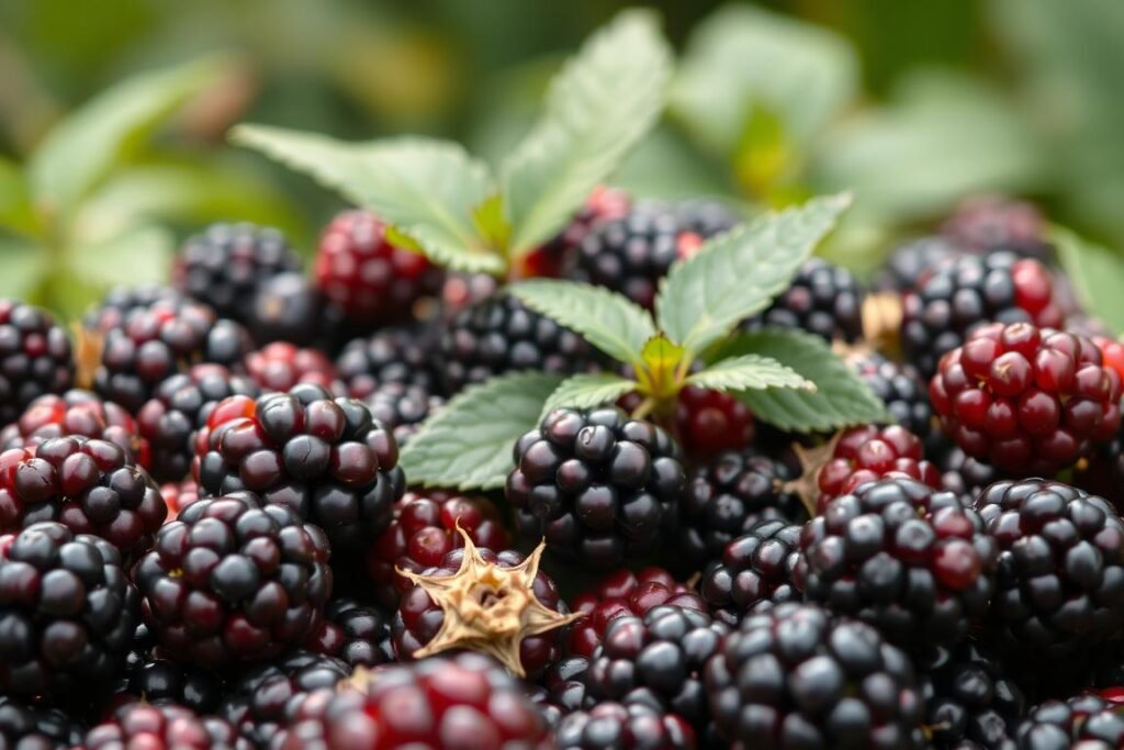 A lush, close-up composition showcasing a diverse array of juicy blackberries (Rubus fruticosus) in various stages of ripeness. The berries are arranged in the foreground, with diffused natural lighting gently illuminating their shiny, deep purple and black hues. The middle ground features a few leafy blackberry canes, adding depth and context to the scene. The background is softly blurred, creating a sense of tranquility and focus on the star of the image - the enticing, varied blackberries. The overall mood is one of abundance, vibrancy, and the natural beauty of this versatile fruit.