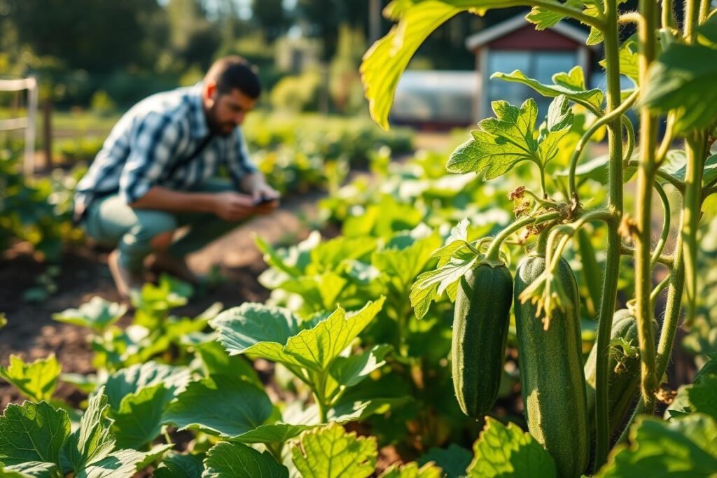 A lush cucumber garden in warm afternoon sunlight, with a careful farmer inspecting the plants for signs of pests. In the foreground, a close-up view of healthy cucumber leaves and vines, free of any visible damage. In the middle ground, the farmer crouches down, examining the plants with a magnifying glass, searching for potential pest infestations. The background features a well-tended vegetable patch, with other flourishing plants and a shed or greenhouse in the distance, suggesting a well-maintained organic farm. The lighting is soft and natural, creating a serene, earthy atmosphere that conveys the importance of vigilant pest prevention in cucumber cultivation. A lush cucumber garden in warm afternoon sunlight, with a careful farmer inspecting the plants for signs of pests. In the foreground, a close-up view of healthy cucumber leaves and vines, free of any visible damage. In the middle ground, the farmer crouches down, examining the plants with a magnifying glass, searching for potential pest infestations. The background features a well-tended vegetable patch, with other flourishing plants and a shed or greenhouse in the distance, suggesting a well-maintained organic farm. The lighting is soft and natural, creating a serene, earthy atmosphere that conveys the importance of vigilant pest prevention in cucumber cultivation.