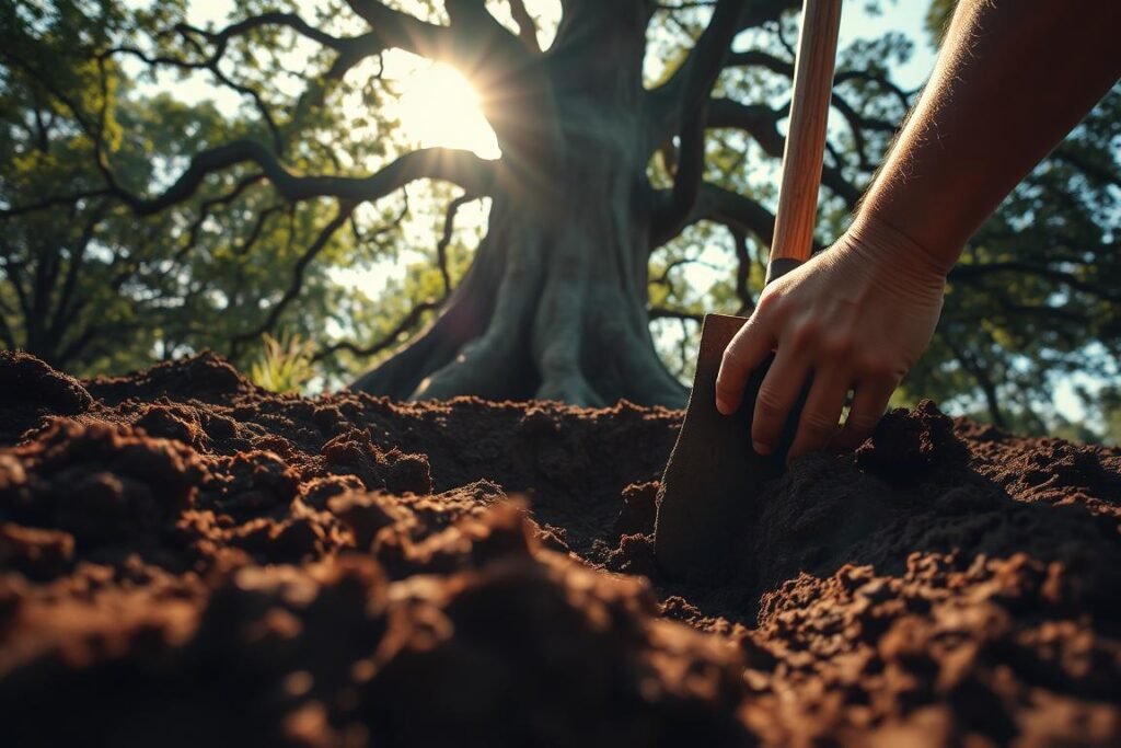 A lush, earthy scene of digging a deep hole to plant a mighty oak tree. In the foreground, a person's hands carefully excavating the soil, exposing the rich, dark earth. Sunlight filters through the canopy of trees in the middle ground, casting a warm, golden glow. The background features the towering silhouette of the oak, its branches reaching skyward, ready to receive its new roots. The atmosphere is one of reverence and anticipation, as this ancient ritual of planting a tree unfolds. Captured with a wide-angle lens to emphasize the scale and importance of the moment. The lighting is natural, with soft shadows and highlights accentuating the textures of the soil and the weathered hands of the person digging.