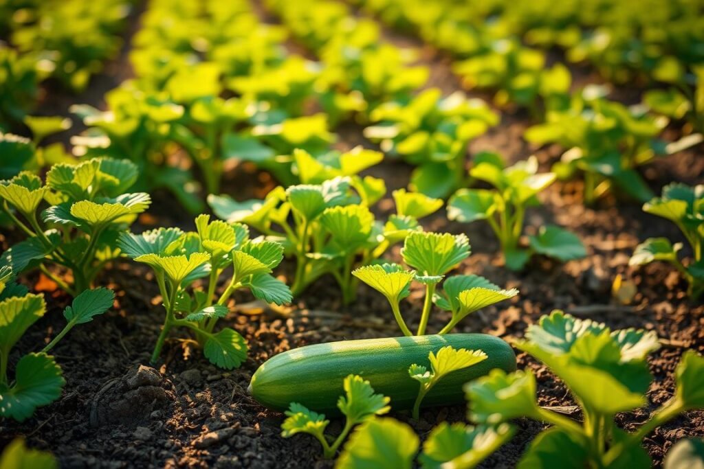 A lush garden bed, with rows of vibrant green cucumber plants emerging from the soil. The plants are neatly arranged in tight rows, the soil freshly tilled and moist. Warm, golden sunlight filters through the leaves, casting delicate shadows across the scene. In the foreground, a single cucumber lies nestled among the foliage, its smooth skin and tender curves catching the light. The background is softly blurred, allowing the viewer to focus on the intricate details of the growing cucumbers. The overall composition conveys a sense of tranquility and abundance, capturing the essence of a successful direct-sown cucumber planting. A lush garden bed, with rows of vibrant green cucumber plants emerging from the soil. The plants are neatly arranged in tight rows, the soil freshly tilled and moist. Warm, golden sunlight filters through the leaves, casting delicate shadows across the scene. In the foreground, a single cucumber lies nestled among the foliage, its smooth skin and tender curves catching the light. The background is softly blurred, allowing the viewer to focus on the intricate details of the growing cucumbers. The overall composition conveys a sense of tranquility and abundance, capturing the essence of a successful direct-sown cucumber planting.