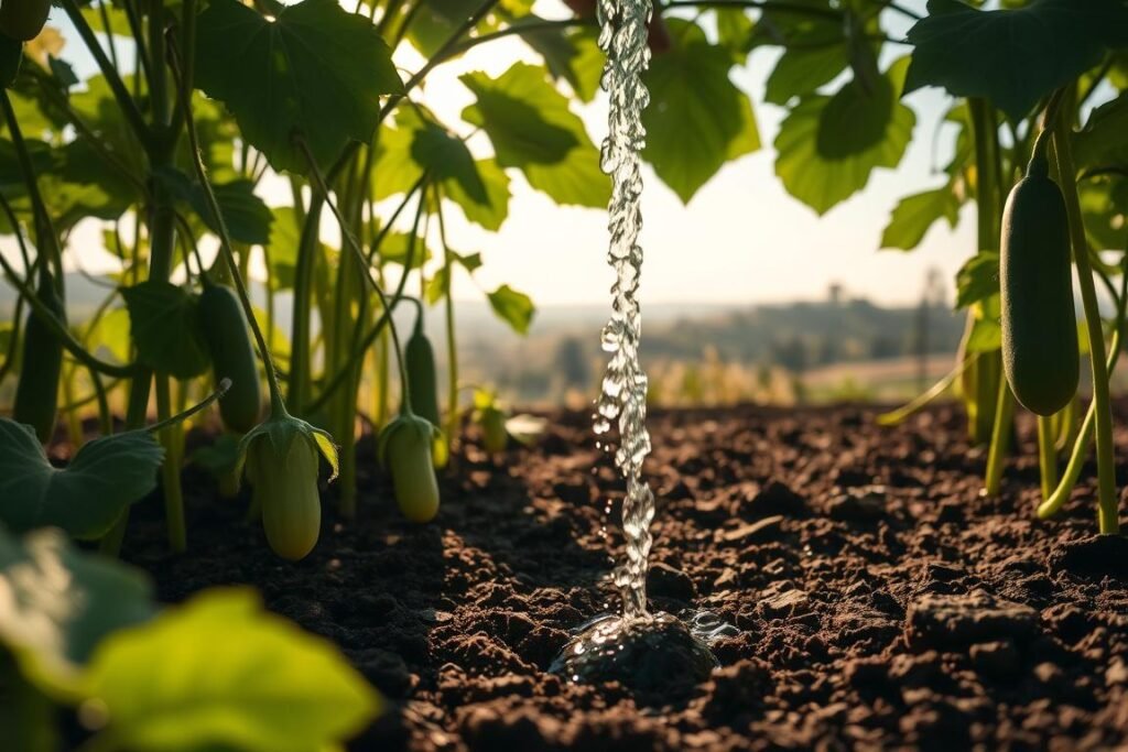 A lush garden scene, with sun-dappled cucumber vines gently swaying as a gardener carefully waters them. The foreground shows the soil being nourished by a steady stream of water, the soil dark and rich. The middle ground features the vibrant green cucumber plants, their leaves unfurling and tendrils reaching skyward. In the background, a picturesque landscape unfolds, with rolling hills, a distant tree line, and a soft, hazy sky. The lighting is warm and natural, creating a peaceful, serene atmosphere. The angle captures the act of watering from an eye-level perspective, inviting the viewer to step into the scene and experience the essential care required for thriving cucumber plants. A lush garden scene, with sun-dappled cucumber vines gently swaying as a gardener carefully waters them. The foreground shows the soil being nourished by a steady stream of water, the soil dark and rich. The middle ground features the vibrant green cucumber plants, their leaves unfurling and tendrils reaching skyward. In the background, a picturesque landscape unfolds, with rolling hills, a distant tree line, and a soft, hazy sky. The lighting is warm and natural, creating a peaceful, serene atmosphere. The angle captures the act of watering from an eye-level perspective, inviting the viewer to step into the scene and experience the essential care required for thriving cucumber plants.