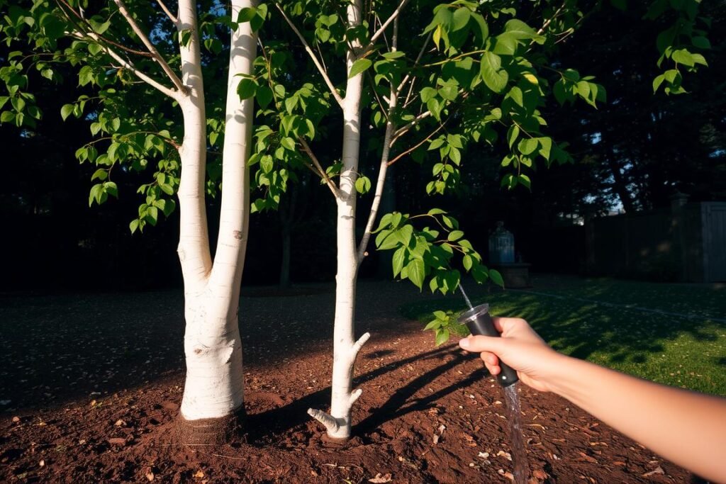 A lush, green birch tree (Betula pendula) stands tall, its slender white bark gleaming in the soft, diffused lighting. The delicate, heart-shaped leaves sway gently in a light breeze, casting intricate shadows on the well-tended soil below. In the foreground, a gardener's hand carefully waters the tree's base, ensuring the soil is evenly moist. The scene is captured from a low, ground-level perspective, emphasizing the tree's stately presence and the nurturing care it receives. The overall mood is one of serenity and reverence for the natural world.