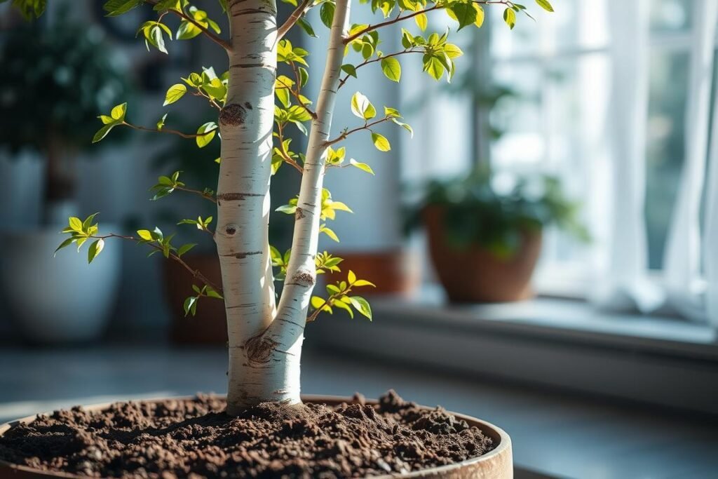 A lush potted birch tree stands in the foreground, its graceful white bark and delicate foliage illuminated by soft, natural lighting. The potting soil is a rich, dark brown, with a coarse, textured surface that suggests a well-draining substrate suitable for the birch's needs. In the background, a serene, out-of-focus scene hints at a tranquil indoor or semi-enclosed setting, emphasizing the birch's role as a potted, cultivated specimen. The overall mood is one of calm, contemplative beauty, inviting the viewer to imagine the step-by-step process of planting and caring for a birch tree in a container.