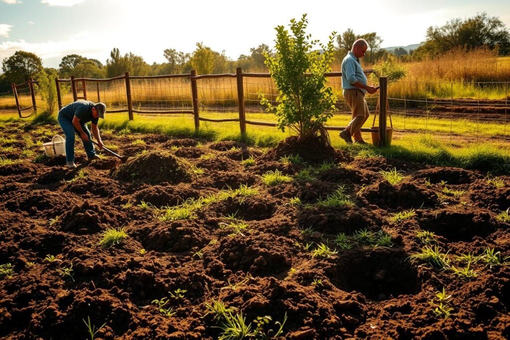 A lush, sun-dappled field prepares to welcome the hardy algarrobo tree. In the foreground, workers meticulously till the soil, turning the rich, dark earth with hand tools. Nearby, a pile of organic amendments waits to be worked into the ground, nourishing the future sapling. The middle ground features partially dug planting holes, their depth and width precisely measured to accommodate the tree's strong taproot. In the background, a weathered wooden fence frames the scene, hinting at the tranquil rural setting. Warm, golden light filters through wispy clouds, casting a serene glow over the entire preparation process. This image captures the care and attention required to create the optimal conditions for the algarrobo's successful establishment.