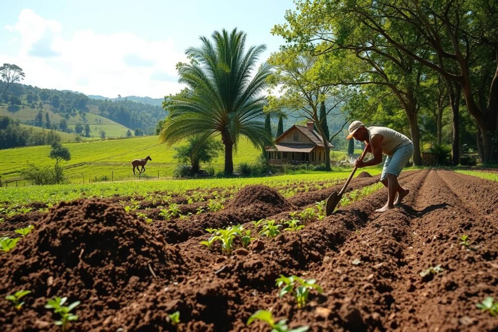 A lush, sun-dappled field stretches out, ready for the planting of cacao seedlings. In the foreground, a farmer meticulously tills the soil, turning over the earth with a well-worn hoe. Piles of rich, dark compost and organic matter wait to be mixed in, nourishing the soil for the delicate cacao plants. In the middle ground, tall, verdant trees frame the scene, their branches providing dappled shade and protection from the tropical sun. In the distance, a quaint farmhouse nestles amidst rolling hills, hinting at the care and attention that will be lavished upon the cacao crop. The entire composition exudes a sense of tranquility and anticipation, capturing the essence of preparing the land for the cultivation of this precious commodity.