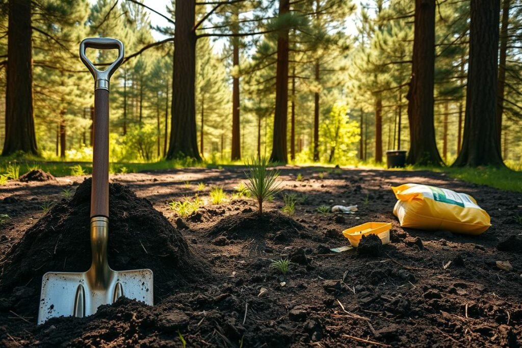 A lush, sun-dappled forest clearing, the soil freshly tilled and ready for planting. In the foreground, a sturdy shovel stands upright, its metal head gleaming. Piles of dark, nutrient-rich compost and bags of fertilizer lie nearby, waiting to be incorporated into the earth. The middle ground features a young pine sapling, its delicate needles swaying gently in the breeze. In the background, mature pine trees tower, their thick trunks and dense canopies casting a warm, verdant glow over the scene. The lighting is soft and natural, with sunbeams filtering through the branches above. The overall mood is one of anticipation and growth, as the stage is set for the planting of a new pine tree.