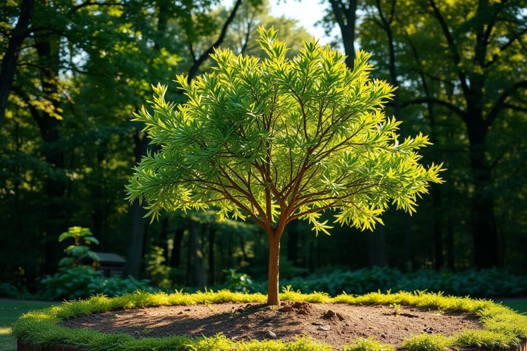 A lush, sun-dappled forest scene, with a young oak tree taking center stage. Its delicate branches are being carefully pruned by a skilled gardener, their hands guiding the sharp shears with precision. The tree's vibrant green leaves rustle gently in a light breeze, creating a soothing symphony. In the middle ground, a well-tended garden bed frames the scene, its rich, loamy soil nourishing the oak's roots. Soft, diffused lighting filters through the canopy, casting a warm, golden glow over the entire composition. The overall mood is one of tranquility and reverence for the natural world, conveying the importance of proper oak tree maintenance.