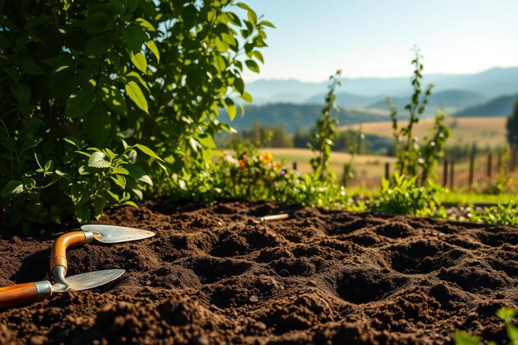 A lush, sun-dappled garden scene, with a freshly tilled and smoothed soil bed in the foreground, ready for planting. Scattered around the bed are gardening tools - a trowel, a rake, and a pair of gloves, hinting at the careful preparation of the soil. In the middle ground, verdant foliage frames the scene, with tall leafy plants and a few vibrant flowers peeking through. The background is a serene, hazy landscape, with rolling hills and a bright, azure sky overhead, conveying a sense of tranquility and anticipation for the blooms to come. The overall atmosphere is one of quiet, focused cultivation, with a warm, golden light suffusing the entire composition. A lush, sun-dappled garden scene, with a freshly tilled and smoothed soil bed in the foreground, ready for planting. Scattered around the bed are gardening tools - a trowel, a rake, and a pair of gloves, hinting at the careful preparation of the soil. In the middle ground, verdant foliage frames the scene, with tall leafy plants and a few vibrant flowers peeking through. The background is a serene, hazy landscape, with rolling hills and a bright, azure sky overhead, conveying a sense of tranquility and anticipation for the blooms to come. The overall atmosphere is one of quiet, focused cultivation, with a warm, golden light suffusing the entire composition.