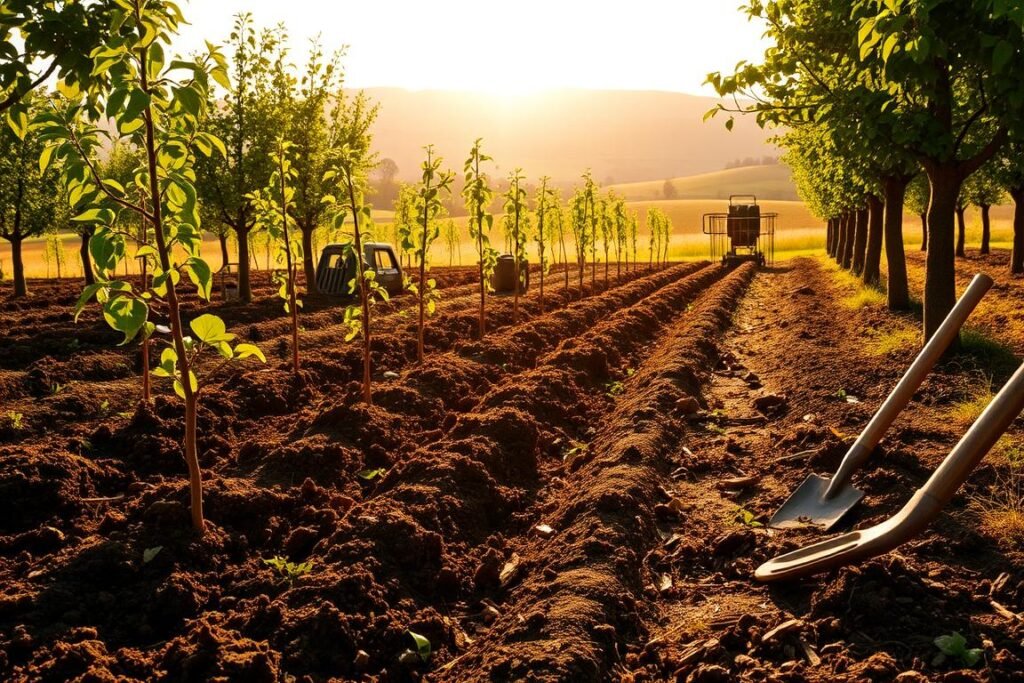 A lush, sun-dappled garden setting, with a focus on the preparation of the soil for planting almond trees. In the foreground, rich, dark earth is being tilled and amended with organic matter, creating a nutrient-dense foundation. Clusters of almond tree saplings stand ready, their delicate leaves rustling in a gentle breeze. In the middle ground, gardening tools such as shovels and rakes are neatly arranged, suggesting the meticulous care taken in this process. The background features a tranquil, verdant landscape, with rolling hills and a distant horizon bathed in warm, golden light, conveying a sense of harmony and the promise of a bountiful harvest to come.