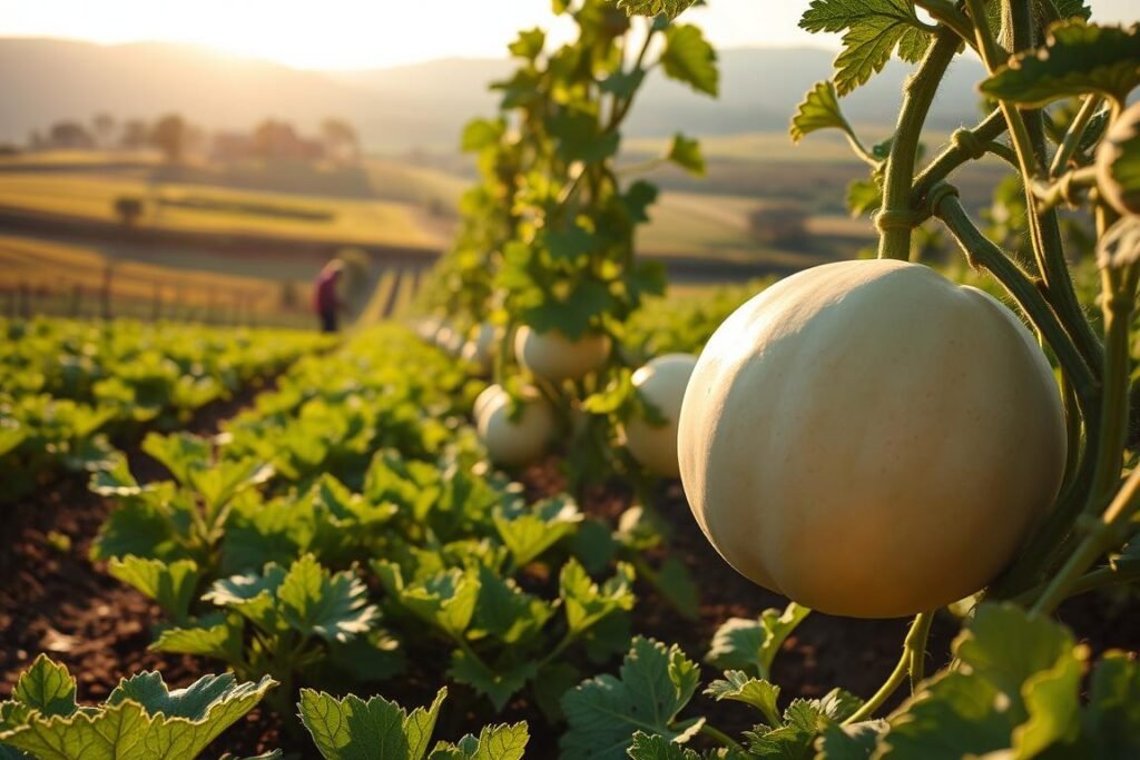 A lush, sun-dappled melon field, with workers carefully tending to the nutrient-rich soil. In the foreground, a close-up view of a melon flower, its delicate petals unfurling, ready for pollination. The middle ground showcases the verdant vines, each bearing the weight of plump, ripening melons, their skins glistening with moisture. In the background, a serene, rolling landscape, dotted with other crops and the occasional farmhouse, conveying a sense of natural abundance and harmony. Soft, warm lighting illuminates the scene, creating a tranquil, almost ethereal atmosphere, reflecting the importance of proper fertilization and nutrition for a thriving melon harvest.