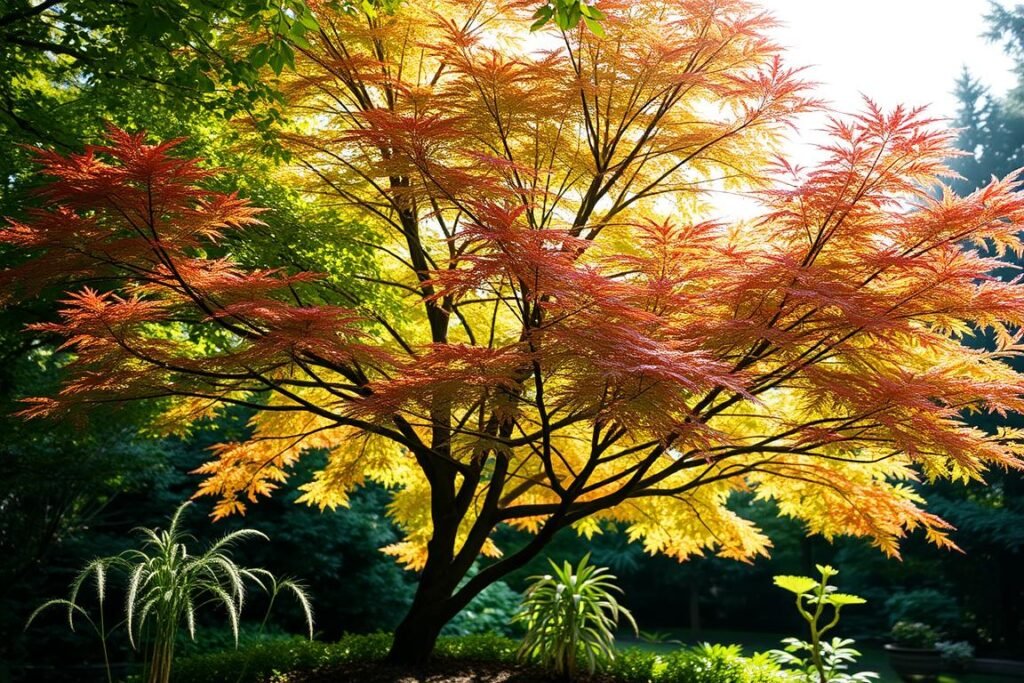 A lush, verdant Acer (Japanese maple) tree nestled in a tranquil garden setting. Dappled sunlight filters through the canopy, casting intricate patterns of light and shadow across the delicate foliage. The scene exudes a sense of serenity, with the tree's graceful branches and vibrant red-orange hues taking center stage. In the foreground, a carefully curated composition showcases the Acer's ideal growing conditions: partial shade, well-drained soil, and a sheltered microclimate. The middle ground features complementary understory plantings, while the background depicts a harmonious blend of lush greenery and soft, diffused natural light. The overall atmosphere evokes a serene, contemplative mood, inviting the viewer to envision the perfect spot to cultivate this stunning horticultural specimen. A lush, verdant Acer (Japanese maple) tree nestled in a tranquil garden setting. Dappled sunlight filters through the canopy, casting intricate patterns of light and shadow across the delicate foliage. The scene exudes a sense of serenity, with the tree's graceful branches and vibrant red-orange hues taking center stage. In the foreground, a carefully curated composition showcases the Acer's ideal growing conditions: partial shade, well-drained soil, and a sheltered microclimate. The middle ground features complementary understory plantings, while the background depicts a harmonious blend of lush greenery and soft, diffused natural light. The overall atmosphere evokes a serene, contemplative mood, inviting the viewer to envision the perfect spot to cultivate this stunning horticultural specimen.