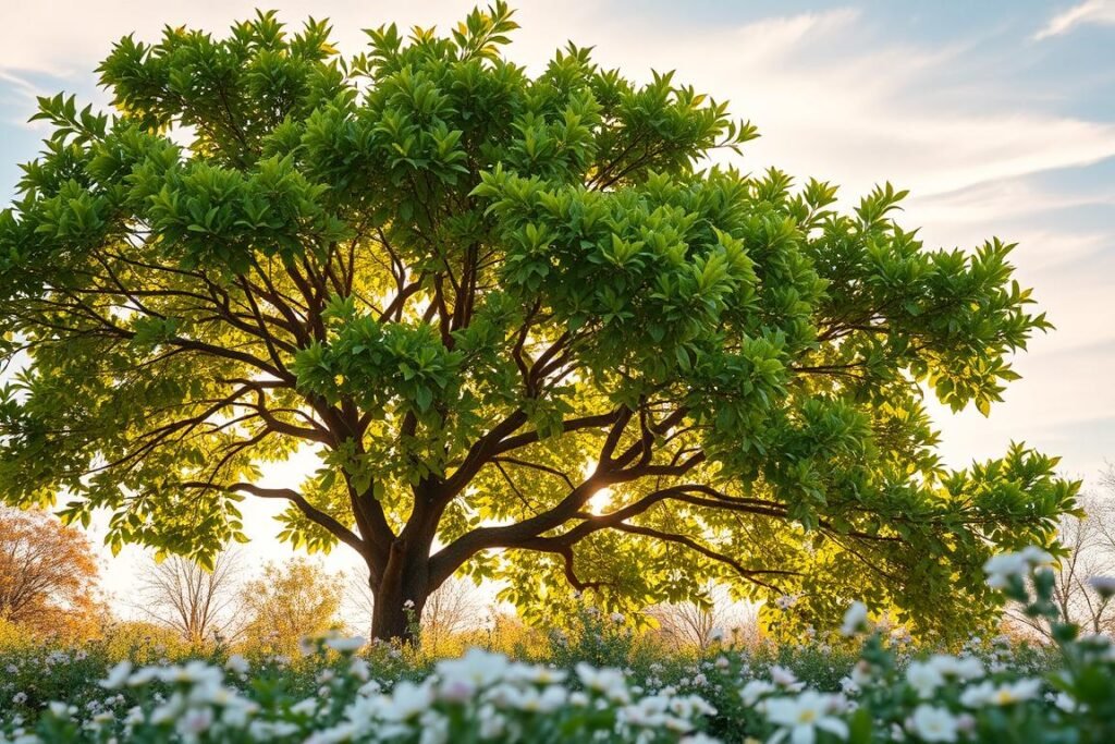 A lush, verdant Laurel tree in full bloom, its glossy, emerald leaves catching the warm, golden light of a gentle spring day. The tree stands tall and proud, its graceful branches reaching skyward, framed by a backdrop of a soft, hazy blue sky with wispy, cloud-like formations. The foreground is adorned with a carpet of delicate, pastel-colored wildflowers, their petals swaying in a light breeze. The overall scene exudes a sense of tranquility and natural harmony, capturing the essence of the seasonal maintenance and care required to keep a Laurel tree thriving and beautiful.