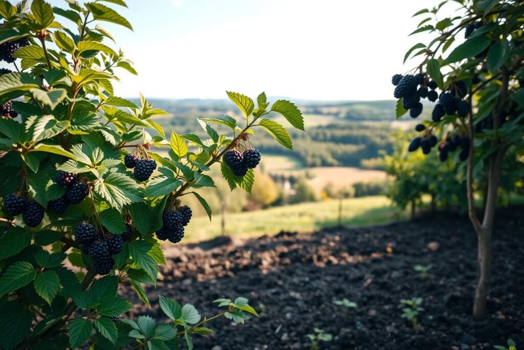 A lush, verdant blackberry tree stands in the foreground, its leaves gently rustling in a soft breeze. The tree's branches are laden with plump, juicy blackberries, ready to be harvested. The mid-ground features a neatly tended garden bed, with rich, dark soil and a few small seedlings peeking through. In the background, a tranquil countryside scene unfolds, with rolling hills, a distant forest, and a clear, blue sky overhead. The lighting is soft and diffused, creating a warm, natural atmosphere. The overall scene conveys a sense of care, growth, and the bounty of nature.