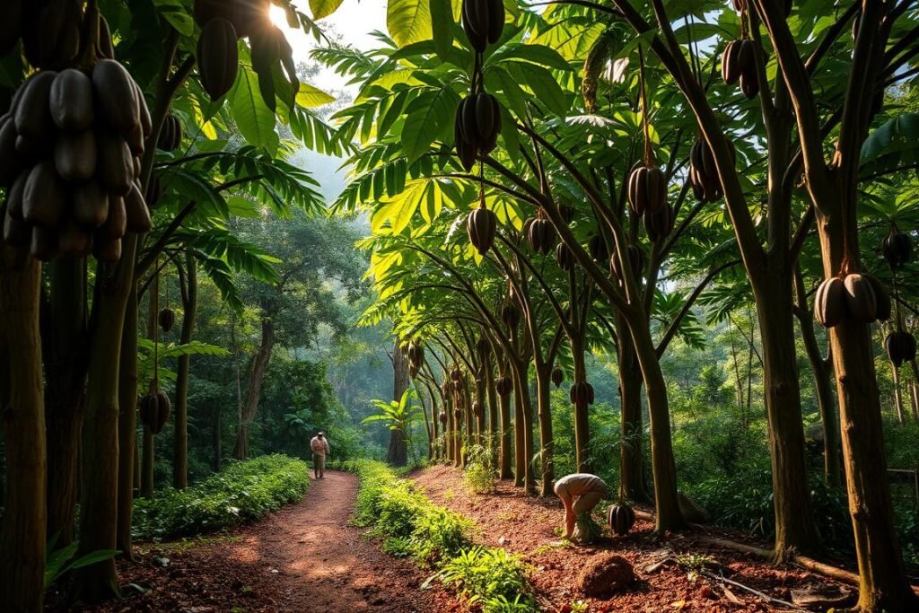 A lush, verdant cacao plantation nestled in the tropical rainforest, with towering cacao trees laden with ripe, glossy pods. The midground features workers carefully harvesting the pods, their skilled hands gently plucking the precious fruit. The background showcases the ideal growing conditions - dappled sunlight filtering through the dense canopy, rich, loamy soil, and a serene, humid atmosphere. The scene is bathed in warm, golden-hour lighting, capturing the essence of the optimal conditions for cacao cultivation. The composition is balanced, with a sense of harmony and tranquility, reflecting the delicate balance required for successful cacao production.
