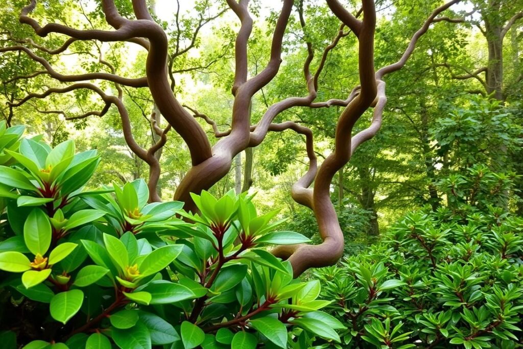 A lush, verdant display of popular madroño varieties for the garden. In the foreground, clusters of glossy, deep green leaves with distinctive red stems. In the middle ground, the graceful, twisted trunks and branches of the madroño trees, their reddish-brown bark peeling to reveal a smooth, pale underbark. In the background, a hazy, sun-dappled forest setting, with soft, diffused lighting filtering through the canopy. The scene exudes a sense of natural serenity and the quiet beauty of these versatile, evergreen shrubs and trees, well-suited for both formal and informal garden designs.