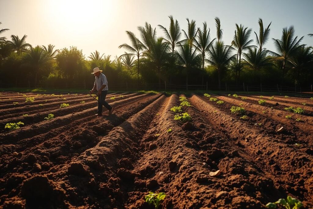 A lush, verdant field under a warm, golden sun. In the foreground, a farmer diligently tills the soil with a traditional plow, turning the dark, nutrient-rich earth in preparation for planting melons. The middle ground showcases rows of neatly constructed raised beds, their soil freshly tilled and ready to receive the melon seedlings. In the background, a wooden fence and a row of tall, swaying trees create a sense of tranquility and pastoral harmony. The scene exudes a serene, hardworking atmosphere, perfectly capturing the essence of "Preparación del terreno antes de la siembra" for a bountiful melon harvest.