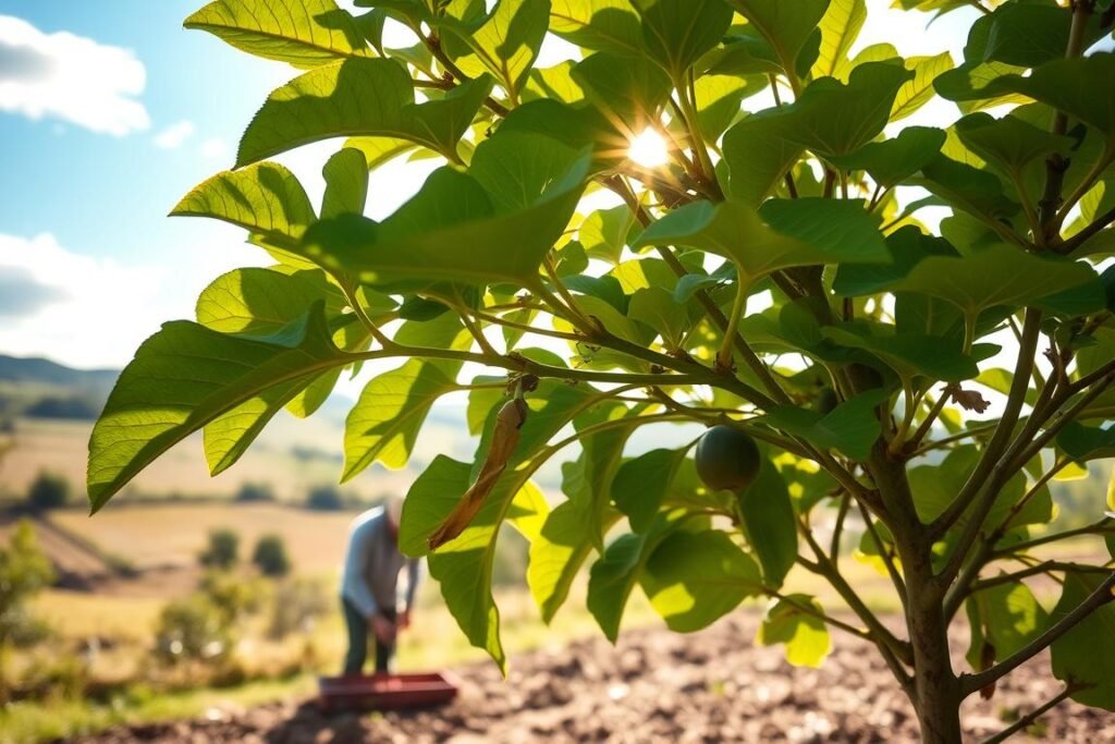 A lush, verdant fig tree in the foreground, its broad leaves gently swaying in the soft breeze. The sunlight filters through the foliage, casting a warm, golden glow on the young, tender branches. In the middle ground, a gardener carefully tends to the tree, pruning away any wayward shoots and ensuring the soil remains moist and nutrient-rich. The background features a tranquil, idyllic countryside setting, with rolling hills and a clear blue sky dotted with fluffy white clouds. The overall scene conveys a sense of peaceful, attentive care and nurturing, reflecting the delicate needs of a fig tree in its early stages of growth. A lush, verdant fig tree in the foreground, its broad leaves gently swaying in the soft breeze. The sunlight filters through the foliage, casting a warm, golden glow on the young, tender branches. In the middle ground, a gardener carefully tends to the tree, pruning away any wayward shoots and ensuring the soil remains moist and nutrient-rich. The background features a tranquil, idyllic countryside setting, with rolling hills and a clear blue sky dotted with fluffy white clouds. The overall scene conveys a sense of peaceful, attentive care and nurturing, reflecting the delicate needs of a fig tree in its early stages of growth.