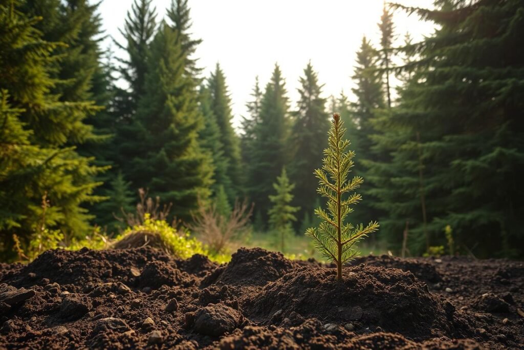 A lush, verdant forest with towering evergreen trees against a soft, overcast sky. In the foreground, a step-by-step demonstration of planting a young fir sapling, with the soil being carefully tilled and the seedling delicately placed in the earth. Sunlight filters through the canopy, casting warm, natural lighting on the scene. The composition emphasizes the process, drawing the viewer's eye through the various stages of planting the tree. The overall mood is one of serenity and connection with nature, inviting the viewer to engage with the nurturing act of cultivation. A lush, verdant forest with towering evergreen trees against a soft, overcast sky. In the foreground, a step-by-step demonstration of planting a young fir sapling, with the soil being carefully tilled and the seedling delicately placed in the earth. Sunlight filters through the canopy, casting warm, natural lighting on the scene. The composition emphasizes the process, drawing the viewer's eye through the various stages of planting the tree. The overall mood is one of serenity and connection with nature, inviting the viewer to engage with the nurturing act of cultivation.