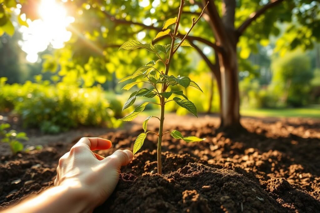 A lush, verdant garden backdrop sets the stage for the process of planting a mulberry tree. In the foreground, a person's hands delicately position the young sapling in a freshly dug hole, the rich, dark soil waiting to embrace its roots. Sunlight filters through the canopy above, casting a warm, golden glow on the scene. The texture of the bark, the gentle sway of the leaves, and the intricate details of the branching structure are rendered with meticulous realism. The overall composition conveys a sense of care, nurturing, and the beginnings of a new life taking root, perfectly capturing the step-by-step process of planting a mulberry tree.