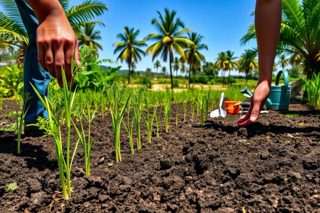 A lush, verdant garden scene depicting the preparation of soil for planting citronella. In the foreground, a gardener's hands meticulously turn and aerate the dark, nutrient-rich earth, creating a fine tilth. Rows of young citronella plants stand ready to be transplanted, their slender stems and fragrant leaves gently swaying in a warm breeze. In the middle ground, gardening tools - a trowel, rake, and watering can - are neatly arranged, suggesting a methodical approach. The background features a sun-dappled landscape, with towering palm trees and a clear blue sky, conveying a sense of tranquility and the tropical origins of this aromatic plant. The overall scene radiates a feeling of anticipation and the promise of a bountiful citronella harvest to come. A lush, verdant garden scene depicting the preparation of soil for planting citronella. In the foreground, a gardener's hands meticulously turn and aerate the dark, nutrient-rich earth, creating a fine tilth. Rows of young citronella plants stand ready to be transplanted, their slender stems and fragrant leaves gently swaying in a warm breeze. In the middle ground, gardening tools - a trowel, rake, and watering can - are neatly arranged, suggesting a methodical approach. The background features a sun-dappled landscape, with towering palm trees and a clear blue sky, conveying a sense of tranquility and the tropical origins of this aromatic plant. The overall scene radiates a feeling of anticipation and the promise of a bountiful citronella harvest to come.