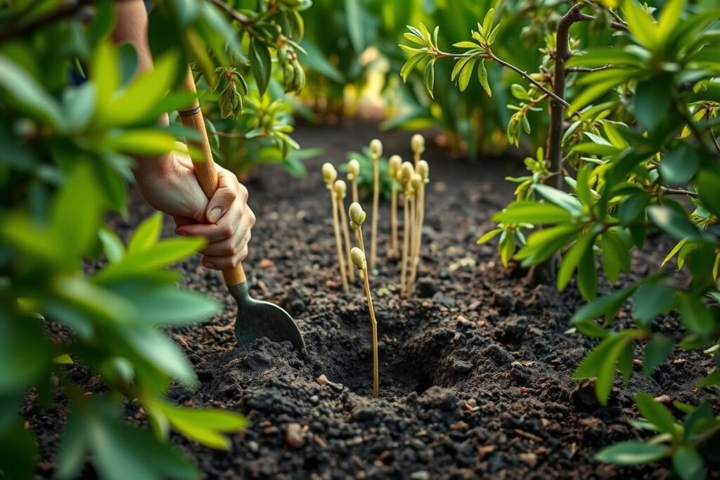 A lush, verdant garden scene depicting the step-by-step process of planting a pistachio tree. In the foreground, a close-up view showcases a person's hands carefully digging a hole in the rich, dark soil. Surrounding the planting area, vibrant green leaves and branches of the pistachio tree frame the scene, creating a sense of depth and natural atmosphere. In the middle ground, additional pistachio seedlings or saplings stand ready to be transplanted, their delicate structures contrasted against the earthy tones of the soil. Soft, diffused natural lighting filters through the foliage, casting gentle shadows and highlighting the textures of the plants. The overall composition conveys a serene, instructional tone, guiding the viewer through the step-by-step process of planting a pistachio tree.