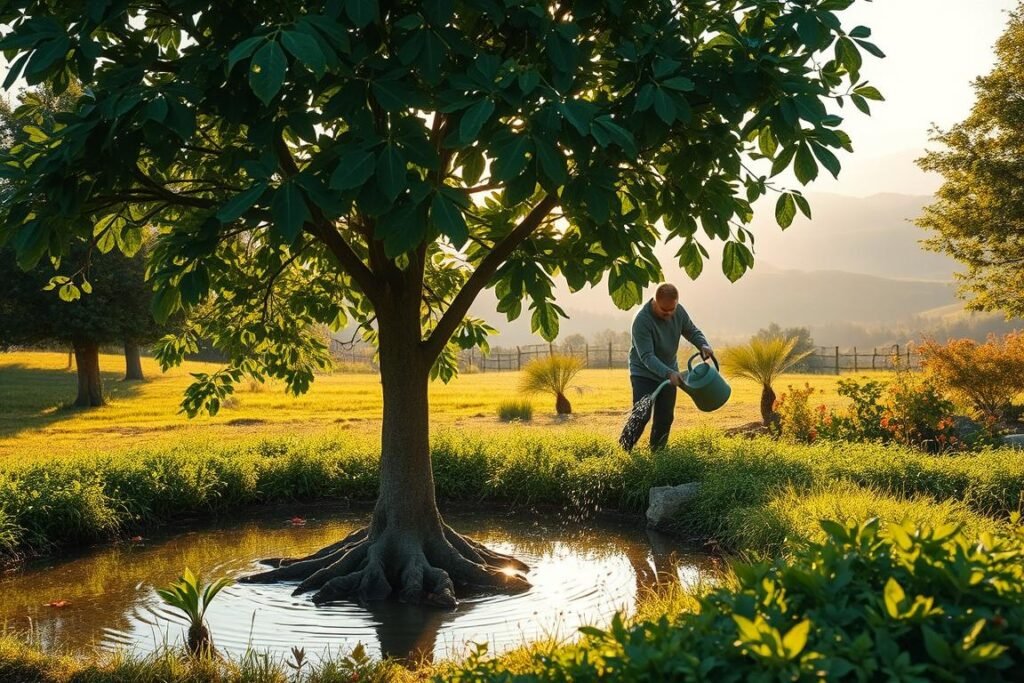 A lush, verdant garden scene featuring a young oak tree (Quercus robur) in the foreground, its roots partially submerged in a shallow pool of water. Diffused, warm sunlight filters through the canopy, casting a soft, golden glow over the scene. In the middle ground, a gardener is carefully tending to the tree, gently pouring water around the base using a watering can. The background showcases a serene landscape with rolling hills, complemented by a hazy, atmospheric perspective. The overall mood is one of tranquility and nurturing care, reflecting the importance of proper watering techniques for the successful establishment of a young oak tree.