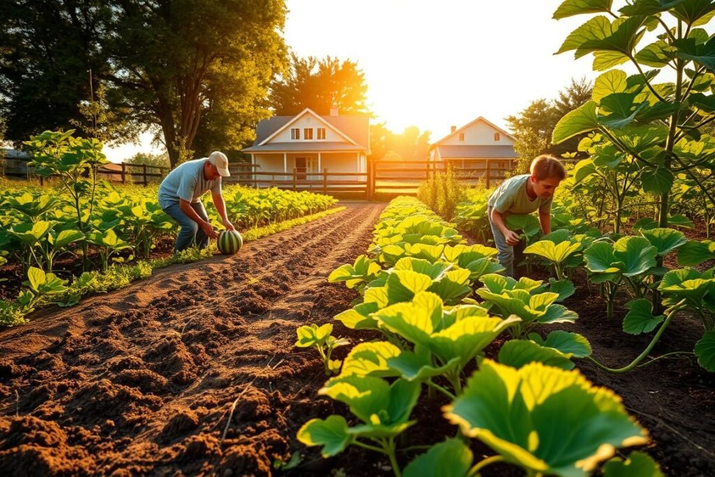 A lush, verdant garden scene set under a warm, golden afternoon sun. In the foreground, a farmer diligently tending to a plot of freshly tilled soil, carefully sowing rows of vibrant watermelon seeds. The middle ground showcases the gradual growth of the watermelon vines, their broad green leaves unfurling towards the sky. In the background, a quaint farmhouse and a wooden fence frame the idyllic, rustic setting. The overall mood is one of tranquility, hard work, and the anticipation of a bountiful harvest to come.