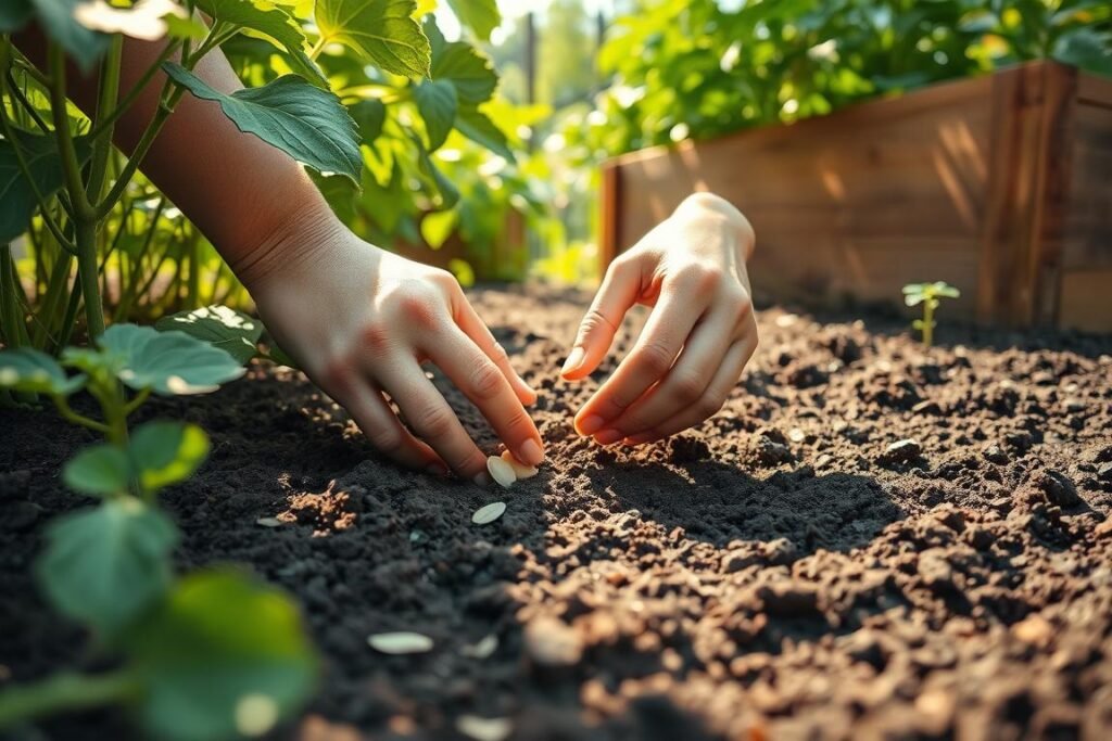 A lush, verdant garden scene with a close-up view of a person's hands gently pressing watermelon seeds into freshly tilled soil. The soil is dark and rich, with a fine texture that invites tactile exploration. Dappled sunlight filters through the leaves of nearby plants, casting a warm, golden glow over the moment. In the background, a wooden planter box or raised garden bed frames the scene, hinting at the larger context of a thriving, well-tended vegetable patch. The overall mood is one of quiet focus, tranquility, and the anticipation of new growth.