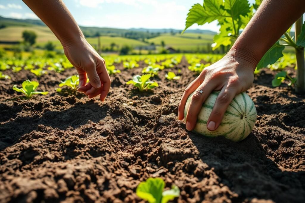 A lush, verdant garden scene with a focus on the step-by-step process of planting a melon. In the foreground, a farmer's hands carefully sowing melon seeds into freshly tilled soil, the texture of the earth rich and dark. In the middle ground, rows of young melon plants stretch out, their leaves vibrant green and healthy. The background features a sun-dappled landscape, with rolling hills and a clear blue sky overhead, creating a sense of tranquility and abundance. The lighting is soft and natural, highlighting the organic textures and colors. The overall composition conveys the care and attention required to successfully grow a bountiful melon crop.