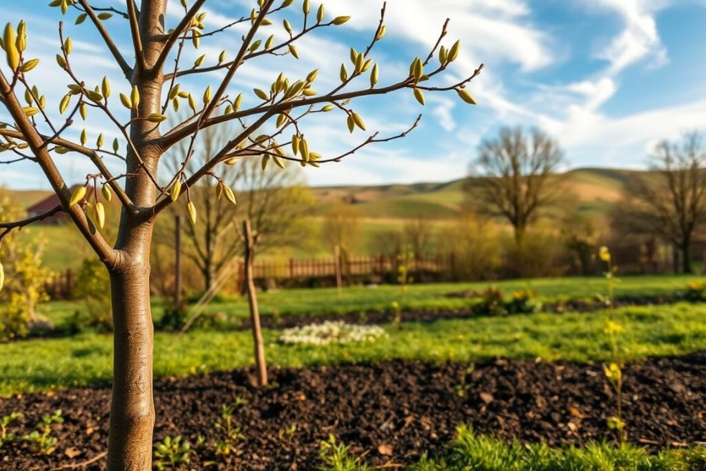 A lush, verdant garden setting in early spring, with a mature hazelnut tree (Corylus avellana) prominently featured in the foreground. The tree's branches are adorned with delicate, elongated catkins, signaling the start of the pollination process. In the middle ground, a series of steps demonstrates the planting process, from digging a hole to carefully placing the sapling and backfilling the soil. The background features a serene, rolling landscape with a clear blue sky and wispy clouds, creating a sense of tranquility and natural harmony. Warm, diffused lighting illuminates the scene, highlighting the textures of the bark, leaves, and soil. The overall composition conveys a step-by-step guide to successfully planting a hazelnut tree.