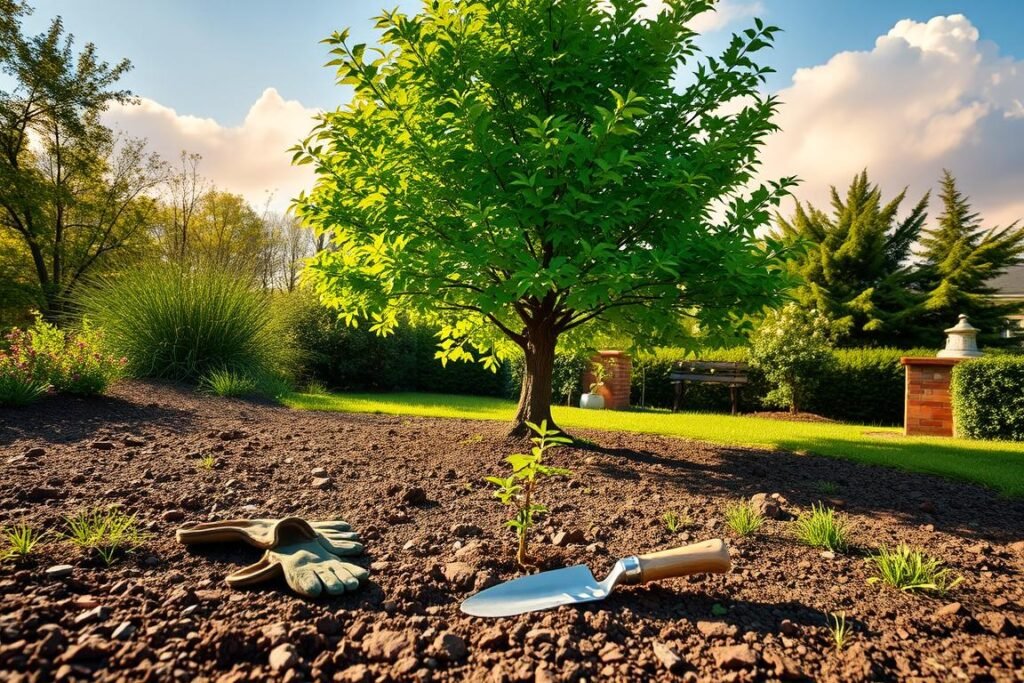 A lush, verdant garden setting on a sunny spring day, with a mature Acer (maple) tree prominently featured in the middle ground. The tree's vibrant foliage casts soft, dappled shadows on the rich, loamy soil below. In the foreground, a pair of gardening gloves and a trowel rest beside a small sapling, signifying the ideal time to plant a new Acer specimen. The background features a warm, golden-hour sky with fluffy clouds, creating a serene, picturesque atmosphere. The lighting is soft and natural, accentuating the textures and colors of the scene. The overall composition evokes a sense of tranquility and the perfect moment to establish a new Acer tree. A lush, verdant garden setting on a sunny spring day, with a mature Acer (maple) tree prominently featured in the middle ground. The tree's vibrant foliage casts soft, dappled shadows on the rich, loamy soil below. In the foreground, a pair of gardening gloves and a trowel rest beside a small sapling, signifying the ideal time to plant a new Acer specimen. The background features a warm, golden-hour sky with fluffy clouds, creating a serene, picturesque atmosphere. The lighting is soft and natural, accentuating the textures and colors of the scene. The overall composition evokes a sense of tranquility and the perfect moment to establish a new Acer tree.