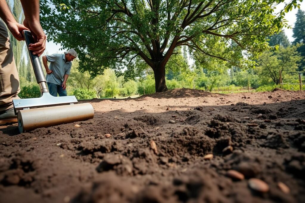 A lush, verdant garden setting with a focus on the soil preparation process for planting an almond tree. In the foreground, workers carefully compact the soil using a tamping tool, ensuring a solid foundation. The middle ground showcases the soil being evenly distributed and leveled, with a subtle texture and pattern. In the background, a mature almond tree stands tall, its branches casting a soft, dappled light across the scene. The overall atmosphere is one of diligence, attention to detail, and the nurturing of new life. Captured with a wide-angle lens, the image conveys the importance of proper soil preparation for the successful growth of the almond tree.
