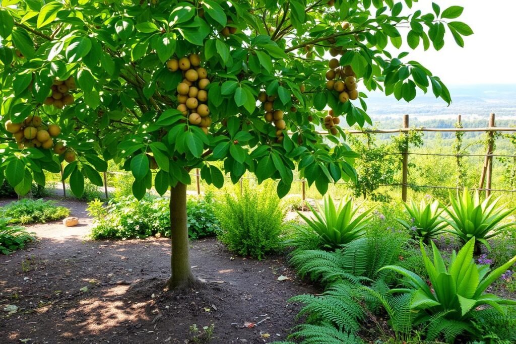 A lush, verdant garden setting, with a mature hazelnut tree (Corylus avellana) taking center stage. The tree's branches are laden with clusters of ripening nuts, its leaves a vibrant green. In the foreground, the soil is rich and well-drained, with a light sprinkling of organic matter. Surrounding the tree, a mix of complementary plants, including ferns and woodland wildflowers, thrive in the dappled sunlight filtering through the canopy. In the background, a fence or trellis provides a natural boundary, and the horizon is dotted with rolling hills or a serene forest. The overall mood is one of tranquility and harmony, capturing the ideal conditions for a thriving hazelnut orchard. A lush, verdant garden setting, with a mature hazelnut tree (Corylus avellana) taking center stage. The tree's branches are laden with clusters of ripening nuts, its leaves a vibrant green. In the foreground, the soil is rich and well-drained, with a light sprinkling of organic matter. Surrounding the tree, a mix of complementary plants, including ferns and woodland wildflowers, thrive in the dappled sunlight filtering through the canopy. In the background, a fence or trellis provides a natural boundary, and the horizon is dotted with rolling hills or a serene forest. The overall mood is one of tranquility and harmony, capturing the ideal conditions for a thriving hazelnut orchard.