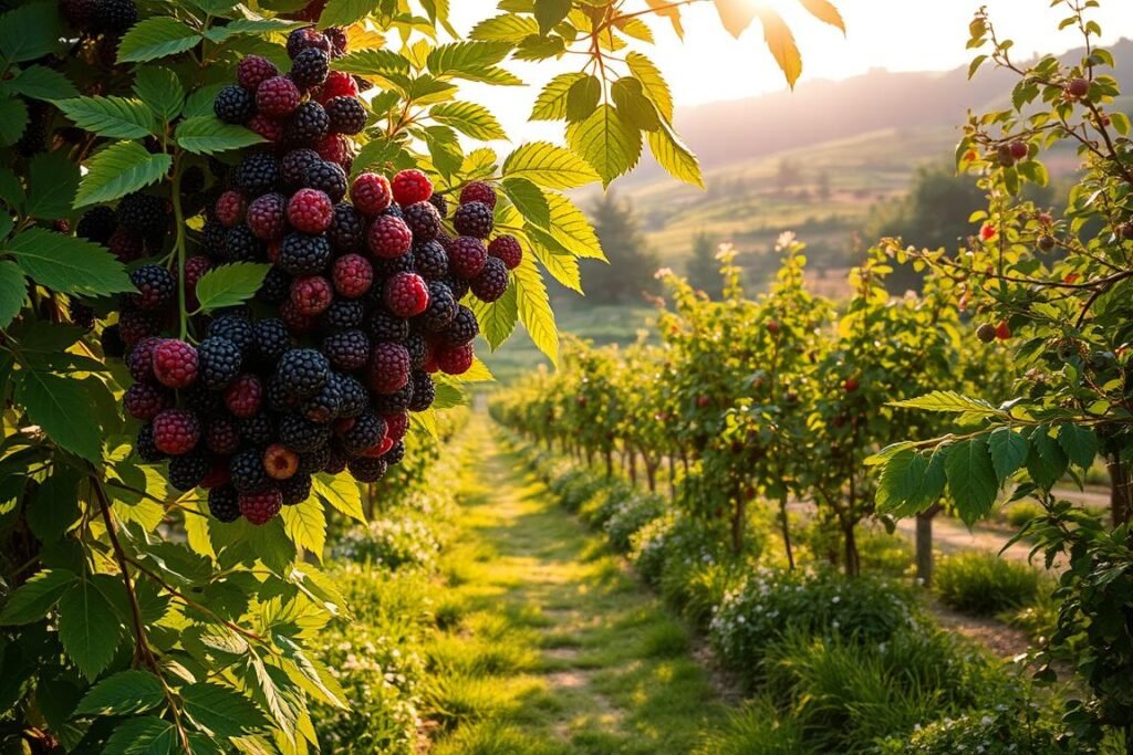 A lush, verdant garden setting with a mature, thriving blackberry tree prominently featured in the foreground. The tree's branches are laden with large, ripe blackberries, casting a warm, golden glow under natural sunlight filtering through the canopy. In the middle ground, a well-tended path winds through the scene, inviting the viewer to explore. The background features a gently rolling hillside, dotted with other fruit trees and flowering shrubs, creating a serene, idyllic countryside atmosphere. The overall composition conveys a sense of harmony, productivity, and the perfect location to cultivate a healthy, bountiful blackberry tree.